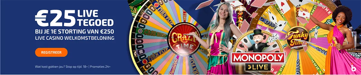 Dutch live casino promo banner offering “€25 live tegoed” with a €250 deposit, featuring a “Registreer” button and colourful game-show prize wheels with two female presenters and “Monopoly Live” branding.