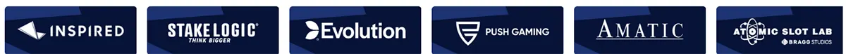 Row of casino game provider logos on dark tiles, including Inspired, Stakelogic, Evolution, Push Gaming, Amatic, and Atomic Slot Lab (Bragg Studios).
